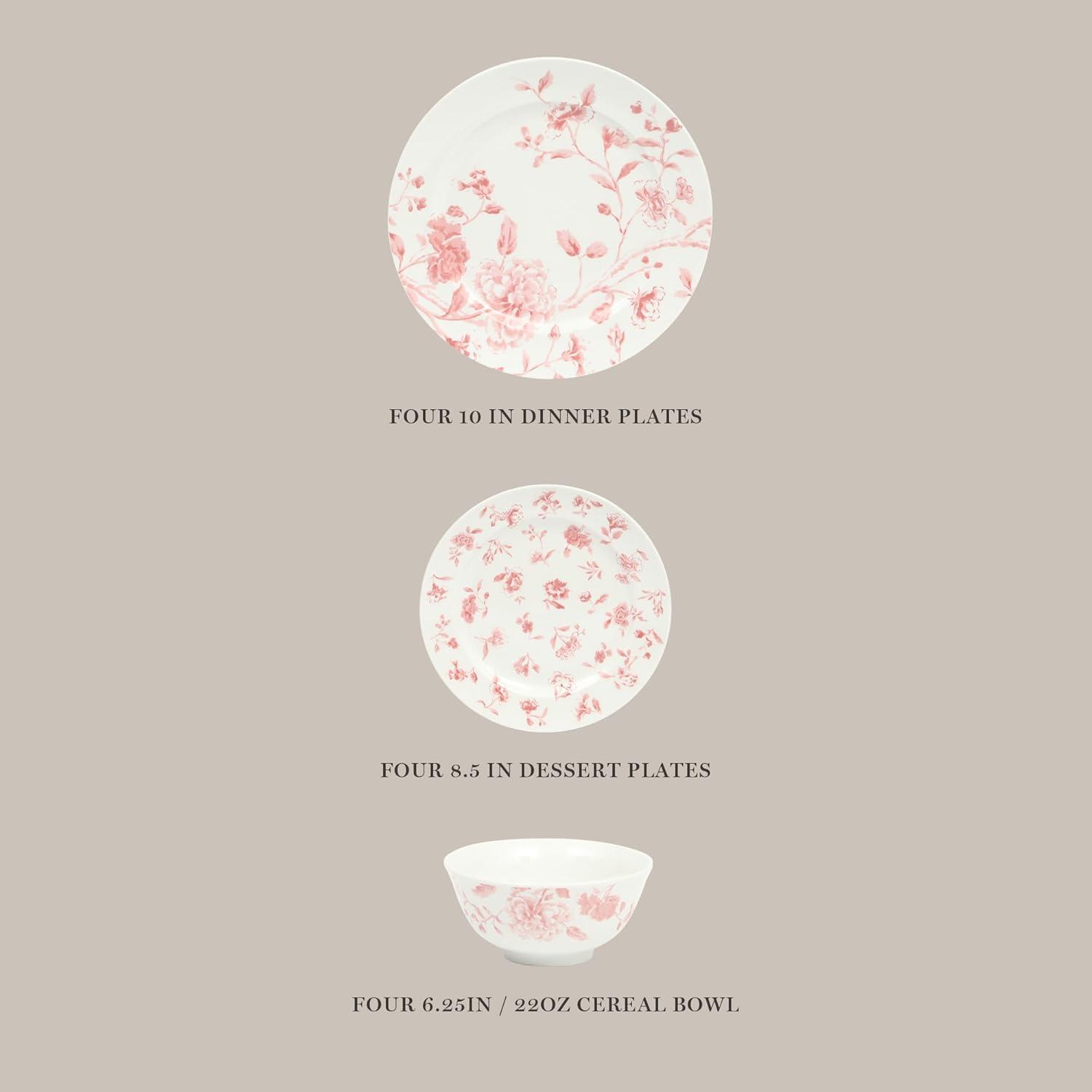 imageMartha Stewart Empress Bouquet 12Piece Decorated Porcelain Chip and Scratch Resistant Dinnerware Plates and Bowls Set Pink FloralPink Floral
