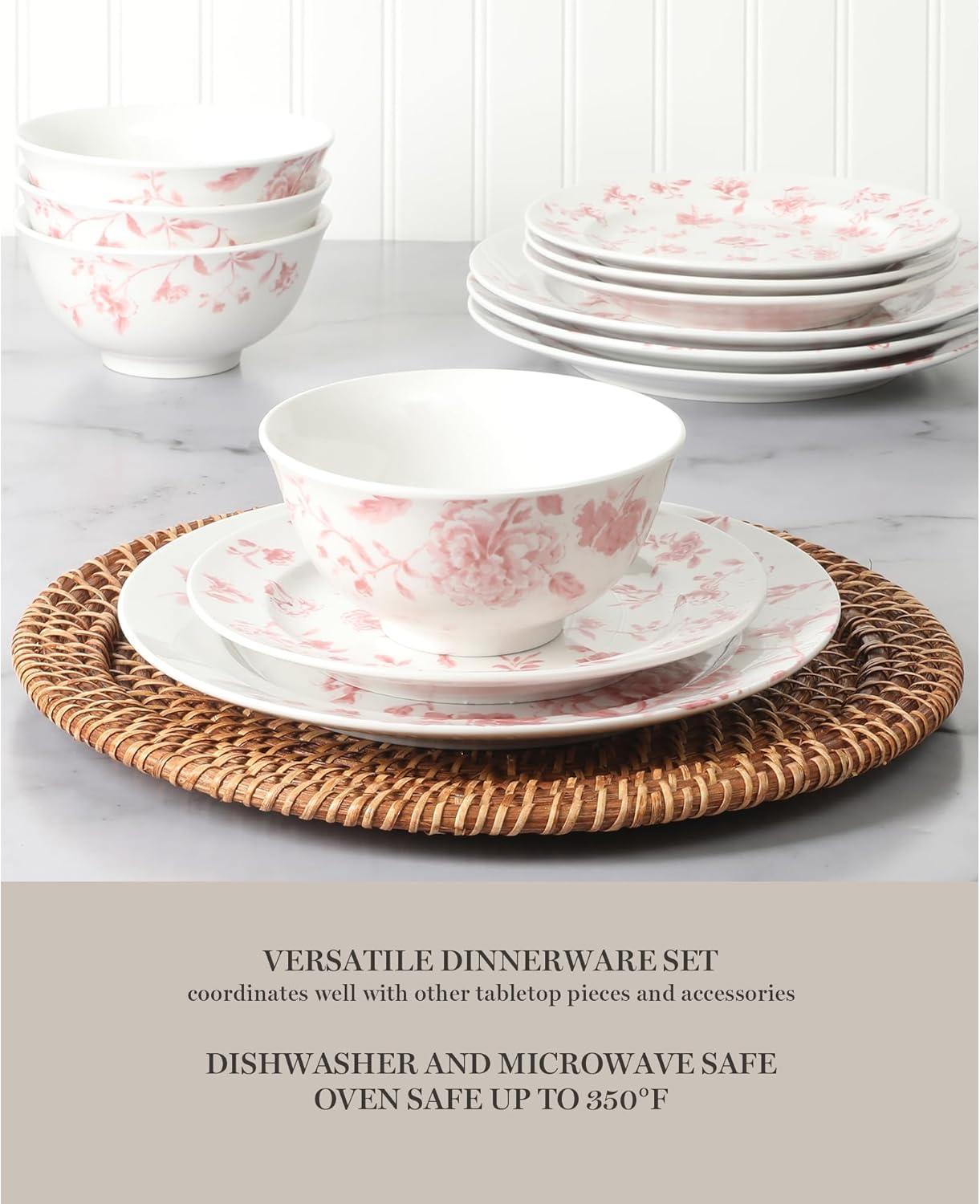 imageMartha Stewart Empress Bouquet 12Piece Decorated Porcelain Chip and Scratch Resistant Dinnerware Plates and Bowls Set Pink FloralPink Floral