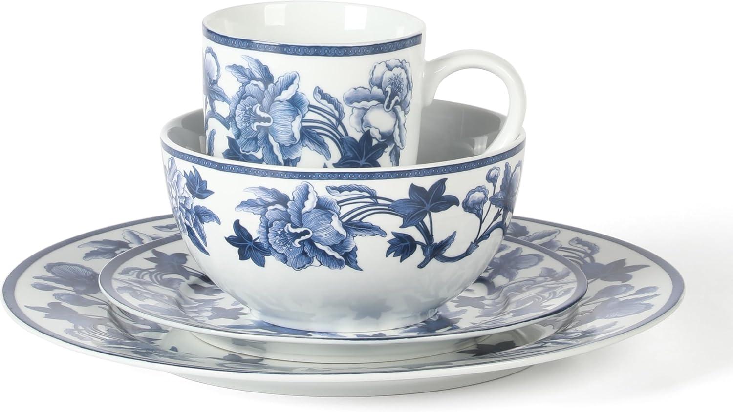 imageMartha Stewart Goodale 16Piece Vintage Blue Stoneware Dinnerware Set Durable ChipResistant Plates and Bowls Elegant Rustic Kitchen Tableware for 4