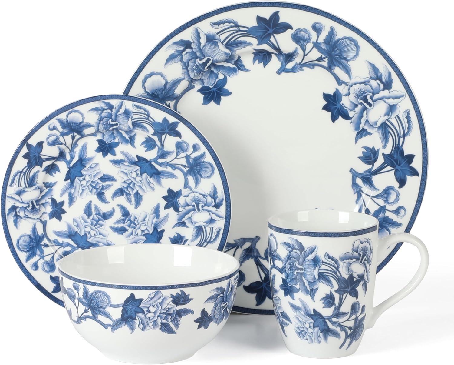 imageMartha Stewart Goodale 16Piece Vintage Blue Stoneware Dinnerware Set Durable ChipResistant Plates and Bowls Elegant Rustic Kitchen Tableware for 4