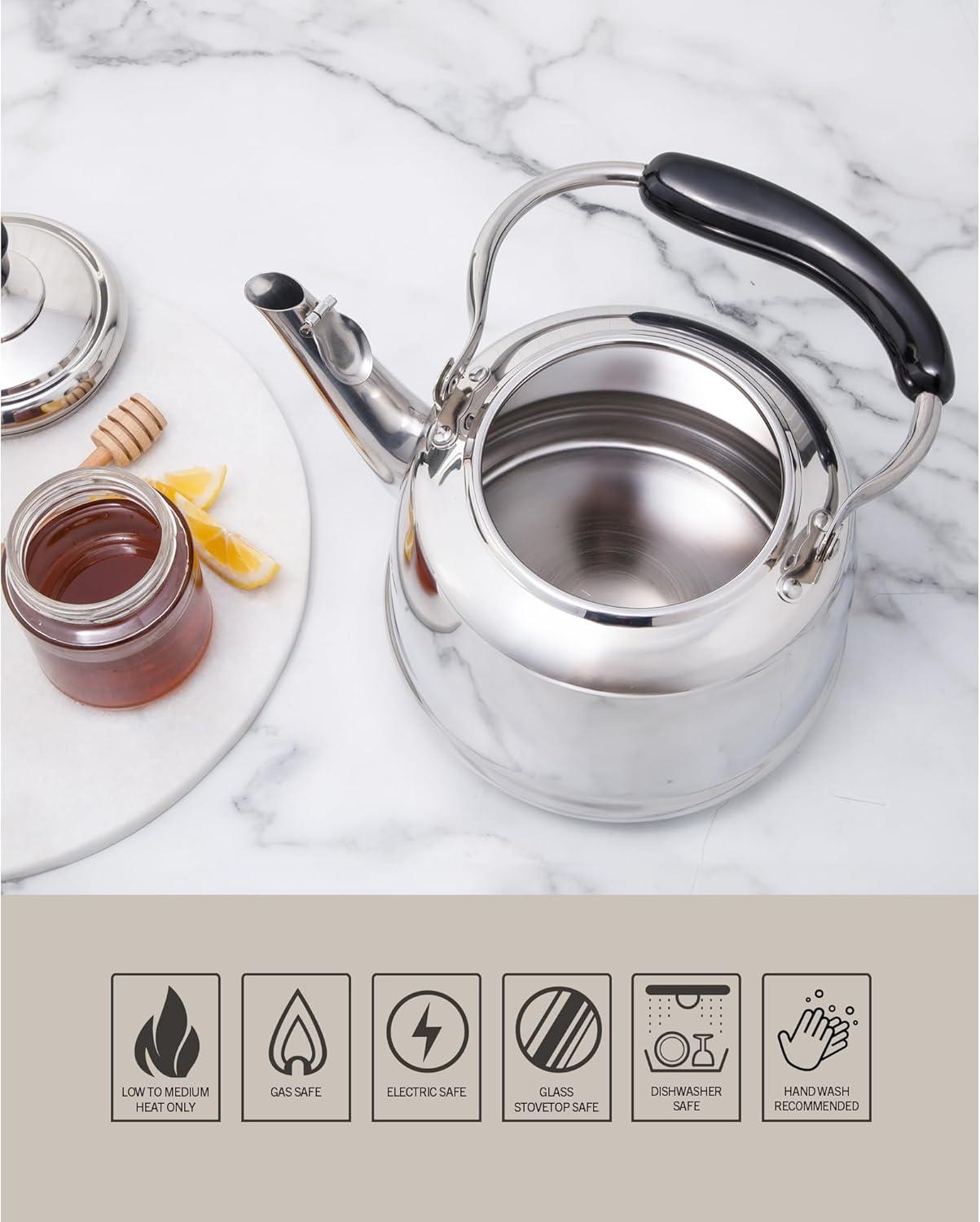 imageMartha Stewart Kingstree Large 2 Qt Stainless Steel Tea Kettle Heavy Gauge Durable Whistling Tea Kettle for Stove Top Easy Pour Classic DesignStainless Steel