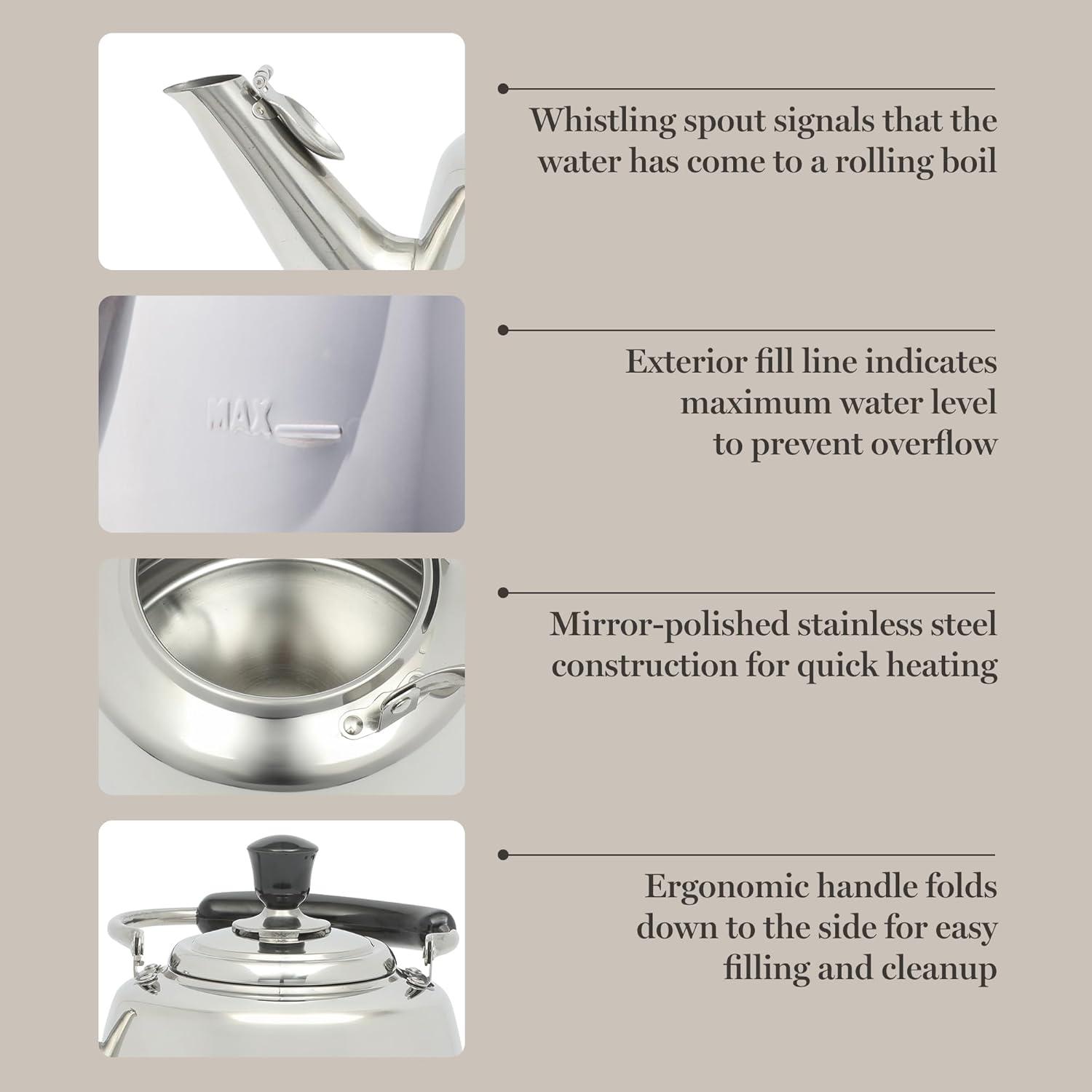 imageMartha Stewart Kingstree Large 2 Qt Stainless Steel Tea Kettle Heavy Gauge Durable Whistling Tea Kettle for Stove Top Easy Pour Classic DesignStainless Steel