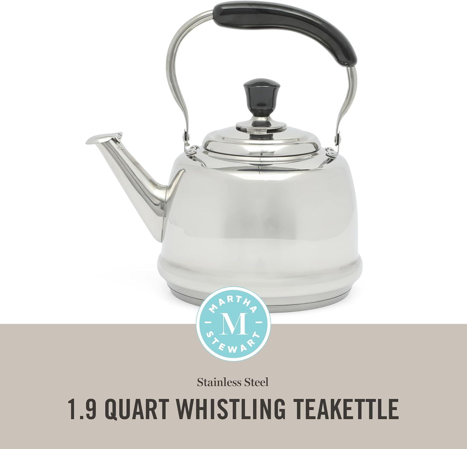 imageMartha Stewart Kingstree Large 2 Qt Stainless Steel Tea Kettle Heavy Gauge Durable Whistling Tea Kettle for Stove Top Easy Pour Classic DesignStainless Steel