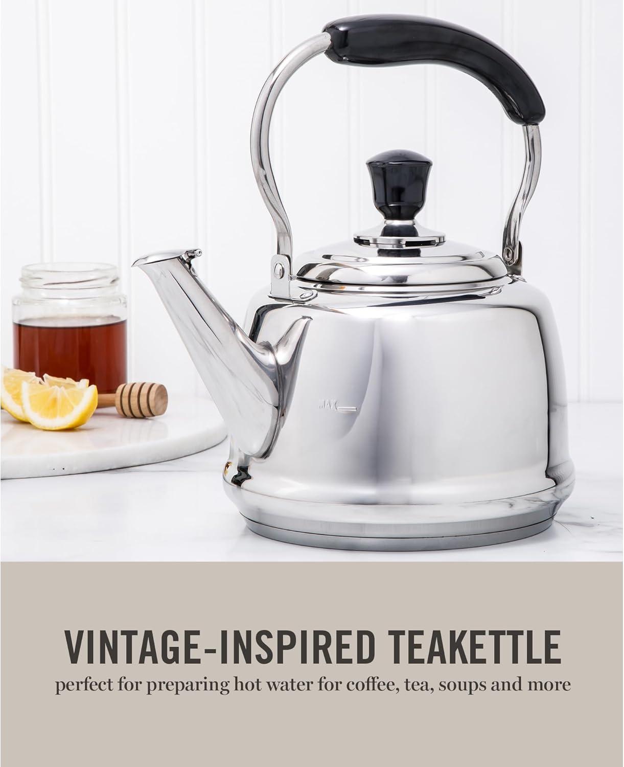 imageMartha Stewart Kingstree Large 2 Qt Stainless Steel Tea Kettle Heavy Gauge Durable Whistling Tea Kettle for Stove Top Easy Pour Classic DesignStainless Steel