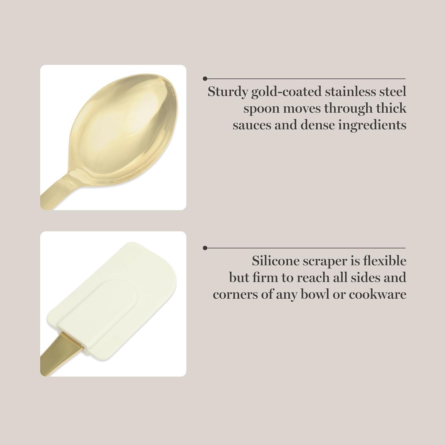 imageMartha Stewart Lockton 2Piece Kitchen Scraper and Spoon Set Stainless Steel and Nylon Cooking Utensils with Linen Handles and Gold Accents Durable HeatResistant Tools