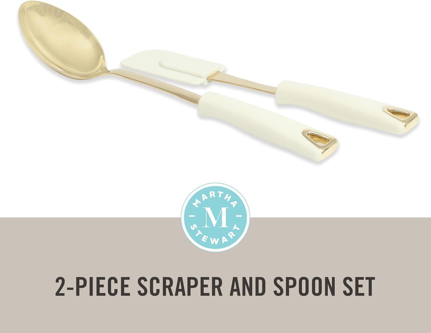 imageMartha Stewart Lockton 2Piece Kitchen Scraper and Spoon Set Stainless Steel and Nylon Cooking Utensils with Linen Handles and Gold Accents Durable HeatResistant Tools