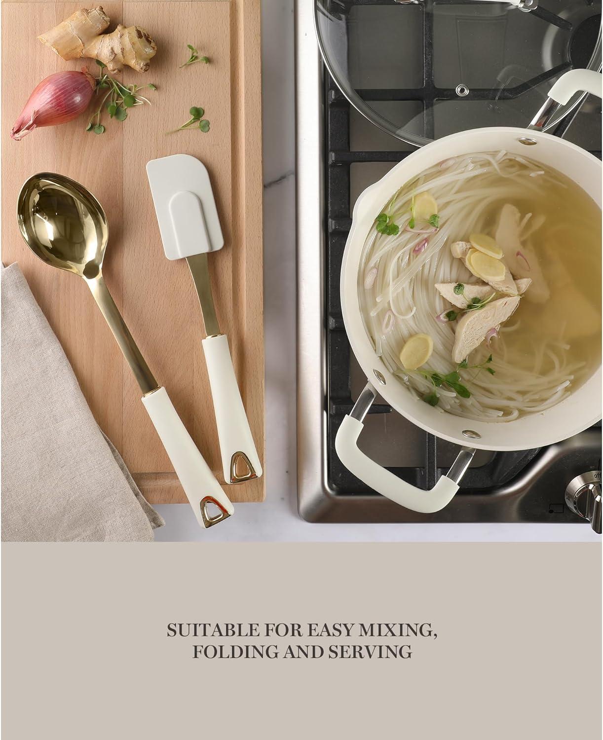 imageMartha Stewart Lockton 2Piece Kitchen Scraper and Spoon Set Stainless Steel and Nylon Cooking Utensils with Linen Handles and Gold Accents Durable HeatResistant Tools