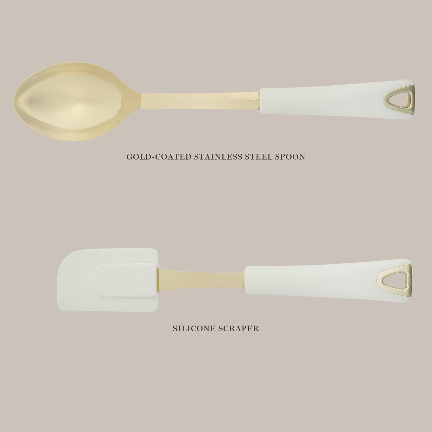 imageMartha Stewart Lockton 2Piece Kitchen Scraper and Spoon Set Stainless Steel and Nylon Cooking Utensils with Linen Handles and Gold Accents Durable HeatResistant Tools