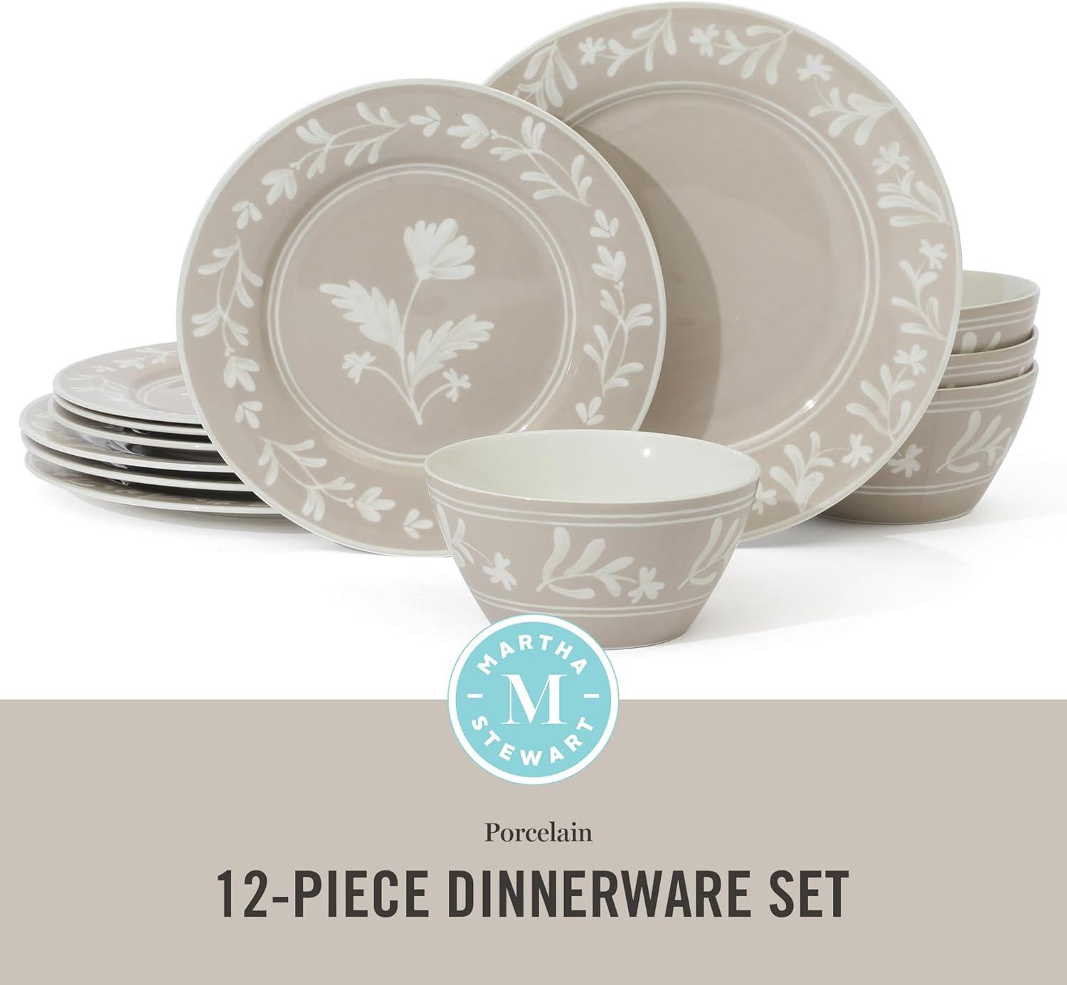 imageMartha Stewart Maiden Crown 12Piece Sky Blue Dinnerware Set New Bone China Ceramic Plates amp Bowls Floral Design Service for 4 Microwave amp Dishwasher SafeTaupe