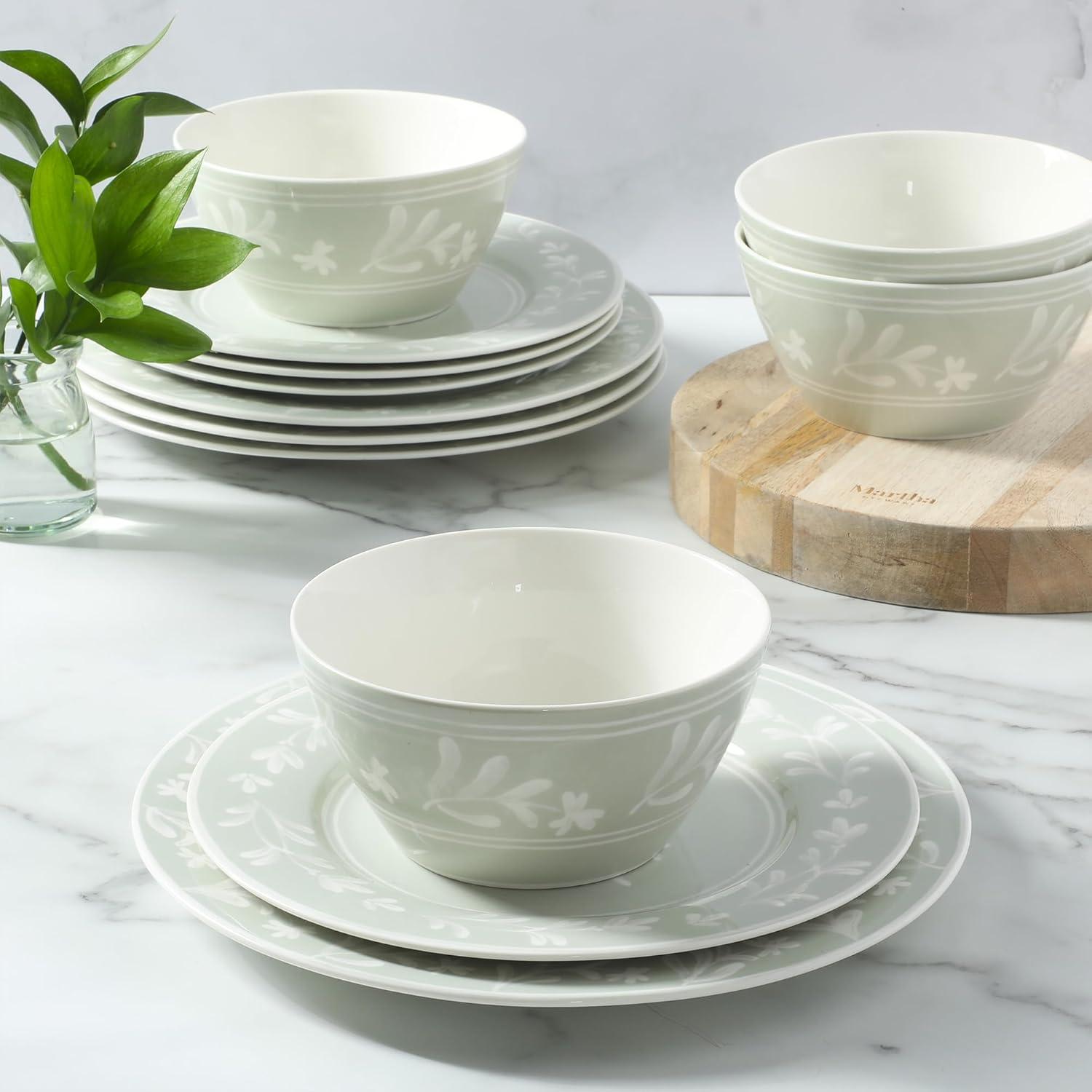 imageMartha Stewart Maiden Crown 12Piece Sky Blue Dinnerware Set New Bone China Ceramic Plates amp Bowls Floral Design Service for 4 Microwave amp Dishwasher SafeSage Green