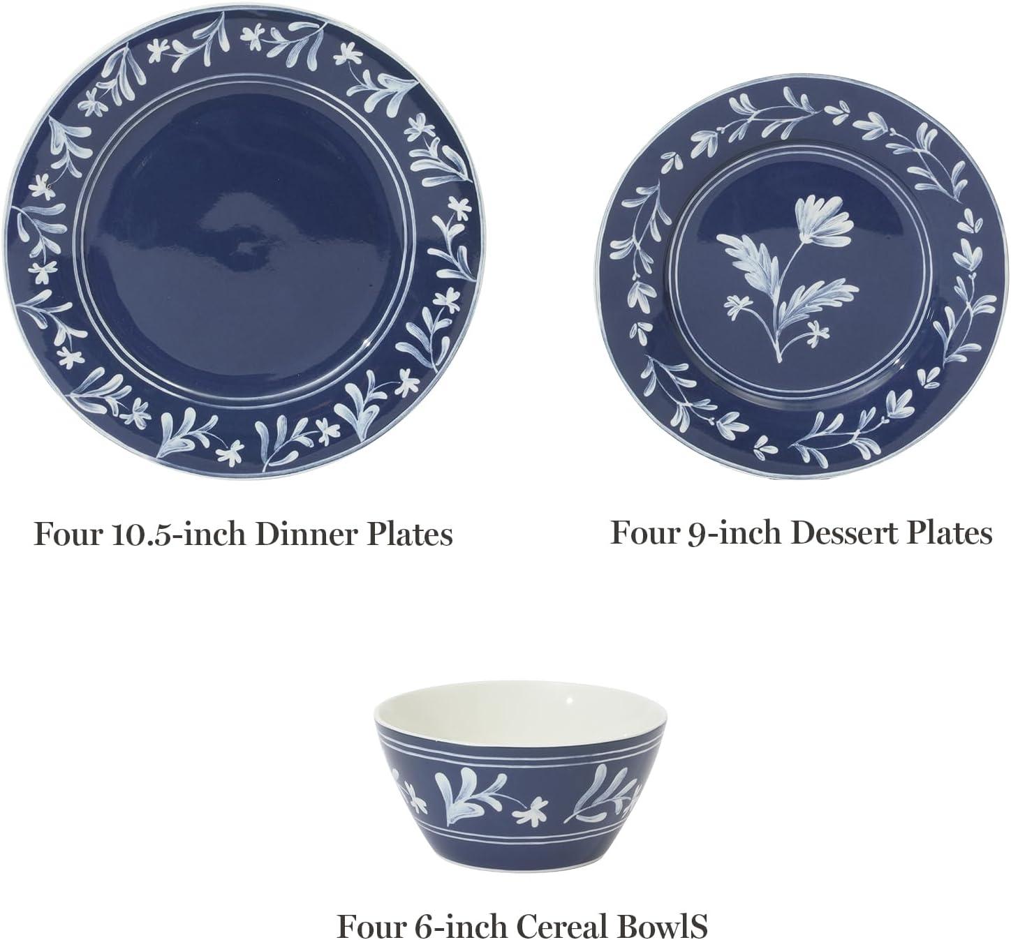imageMartha Stewart Maiden Crown 12Piece Sky Blue Dinnerware Set New Bone China Ceramic Plates amp Bowls Floral Design Service for 4 Microwave amp Dishwasher SafeSky Blue