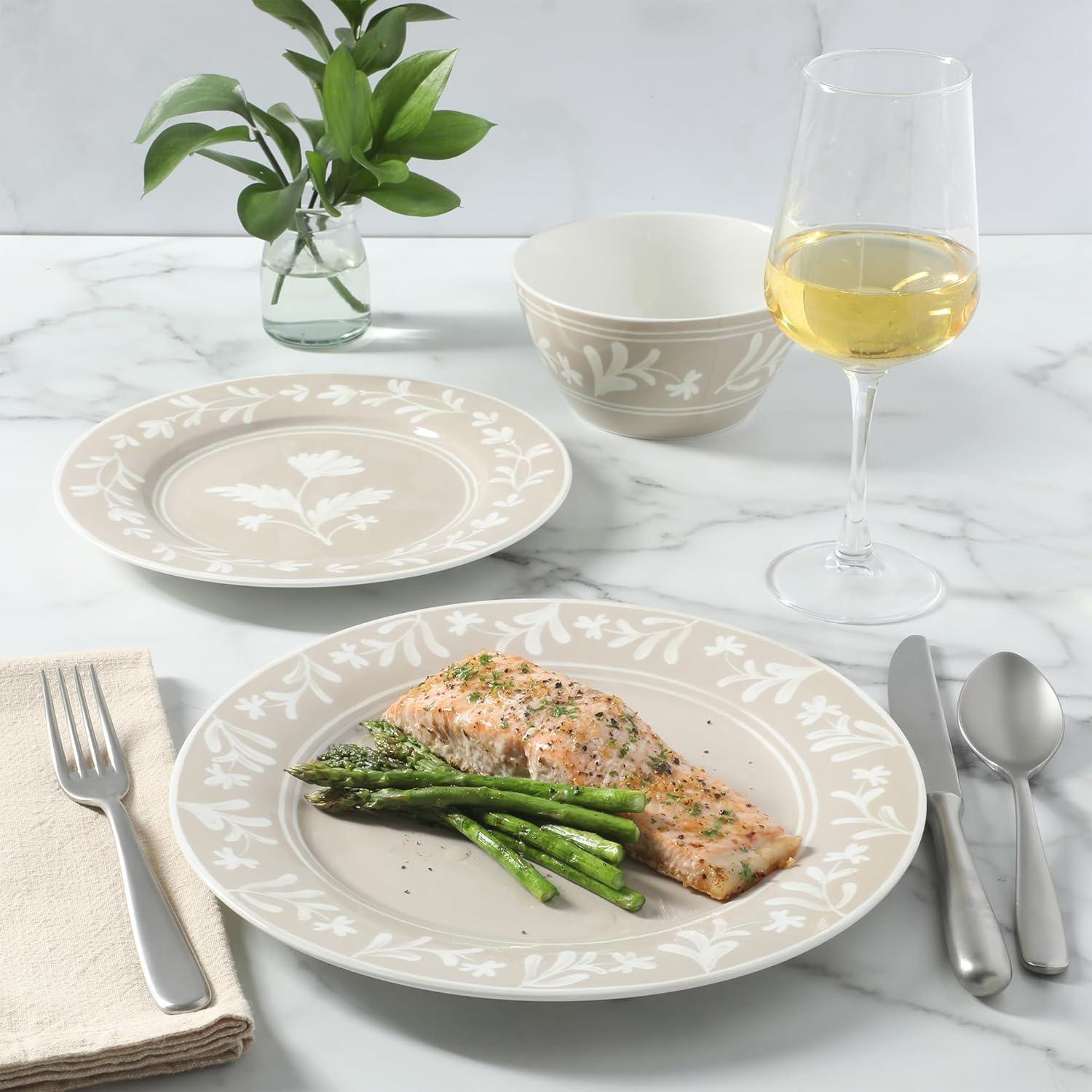 imageMartha Stewart Maiden Crown 12Piece Sky Blue Dinnerware Set New Bone China Ceramic Plates amp Bowls Floral Design Service for 4 Microwave amp Dishwasher SafeTaupe