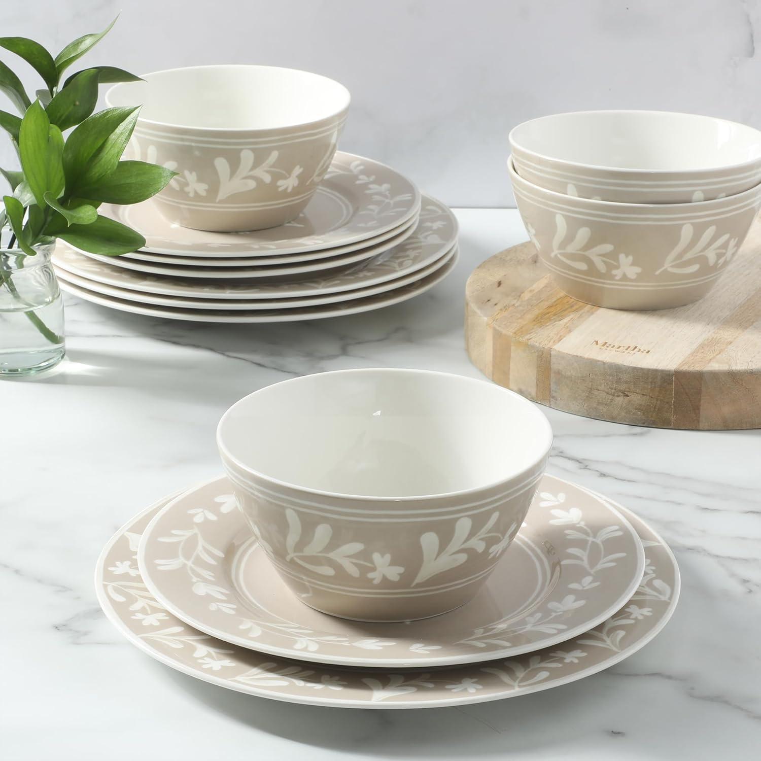 imageMartha Stewart Maiden Crown 12Piece Sky Blue Dinnerware Set New Bone China Ceramic Plates amp Bowls Floral Design Service for 4 Microwave amp Dishwasher SafeTaupe