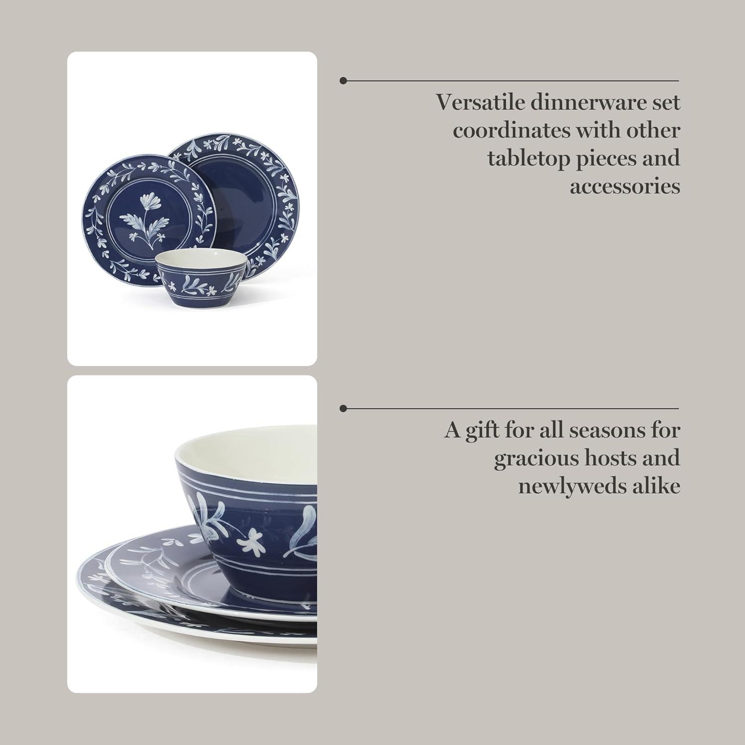 imageMartha Stewart Maiden Crown 12Piece Sky Blue Dinnerware Set New Bone China Ceramic Plates amp Bowls Floral Design Service for 4 Microwave amp Dishwasher SafeSky Blue