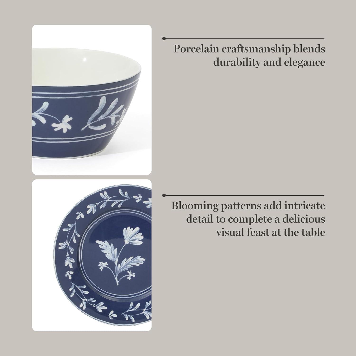 imageMartha Stewart Maiden Crown 12Piece Sky Blue Dinnerware Set New Bone China Ceramic Plates amp Bowls Floral Design Service for 4 Microwave amp Dishwasher SafeSky Blue