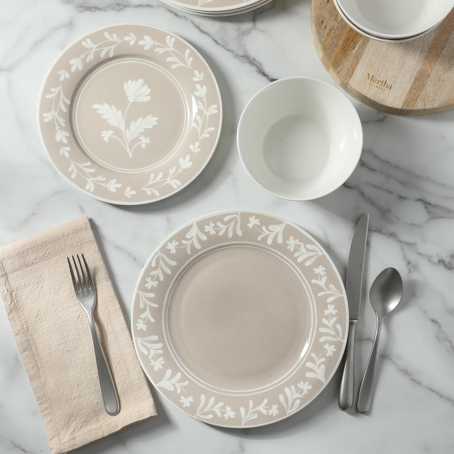 imageMartha Stewart Maiden Crown 12Piece Sky Blue Dinnerware Set New Bone China Ceramic Plates amp Bowls Floral Design Service for 4 Microwave amp Dishwasher SafeTaupe
