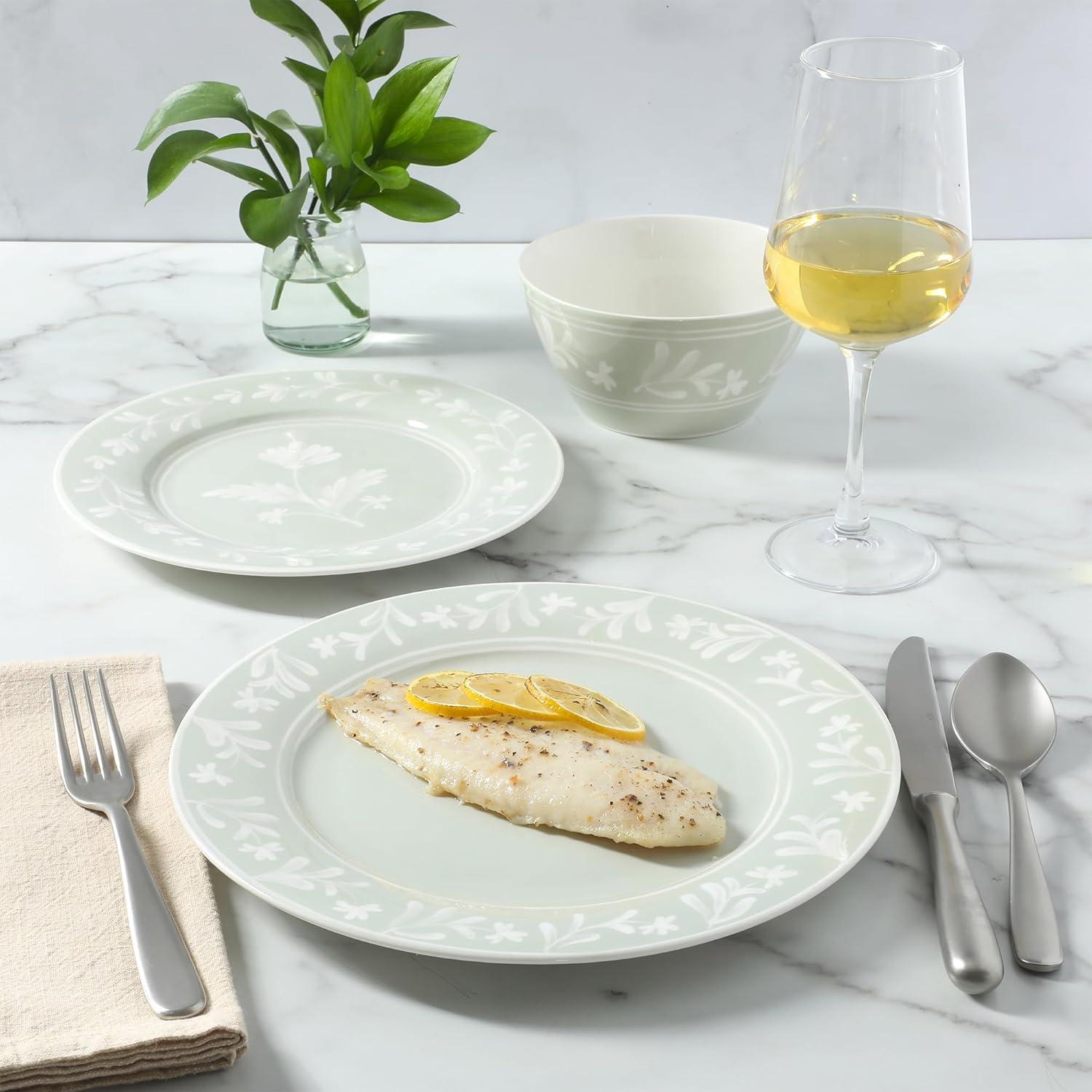 imageMartha Stewart Maiden Crown 12Piece Sky Blue Dinnerware Set New Bone China Ceramic Plates amp Bowls Floral Design Service for 4 Microwave amp Dishwasher SafeSage Green