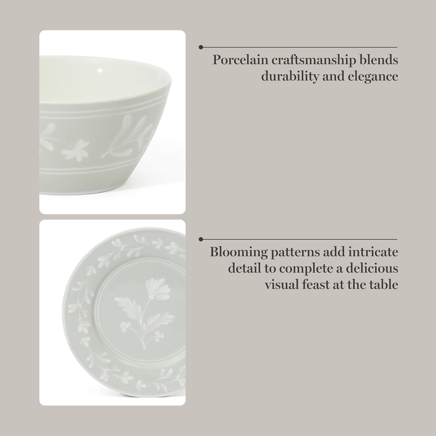 imageMartha Stewart Maiden Crown 12Piece Sky Blue Dinnerware Set New Bone China Ceramic Plates amp Bowls Floral Design Service for 4 Microwave amp Dishwasher SafeSage Green