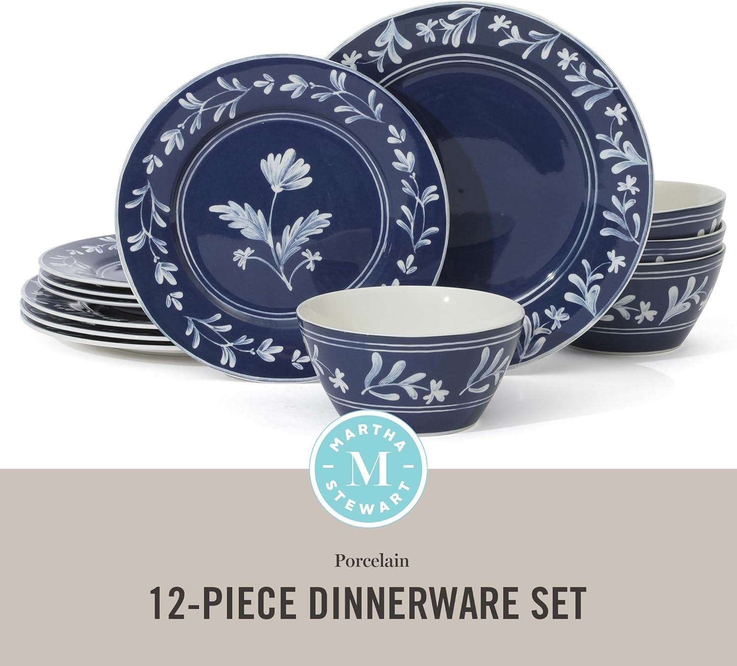 imageMartha Stewart Maiden Crown 12Piece Sky Blue Dinnerware Set New Bone China Ceramic Plates amp Bowls Floral Design Service for 4 Microwave amp Dishwasher SafeSky Blue