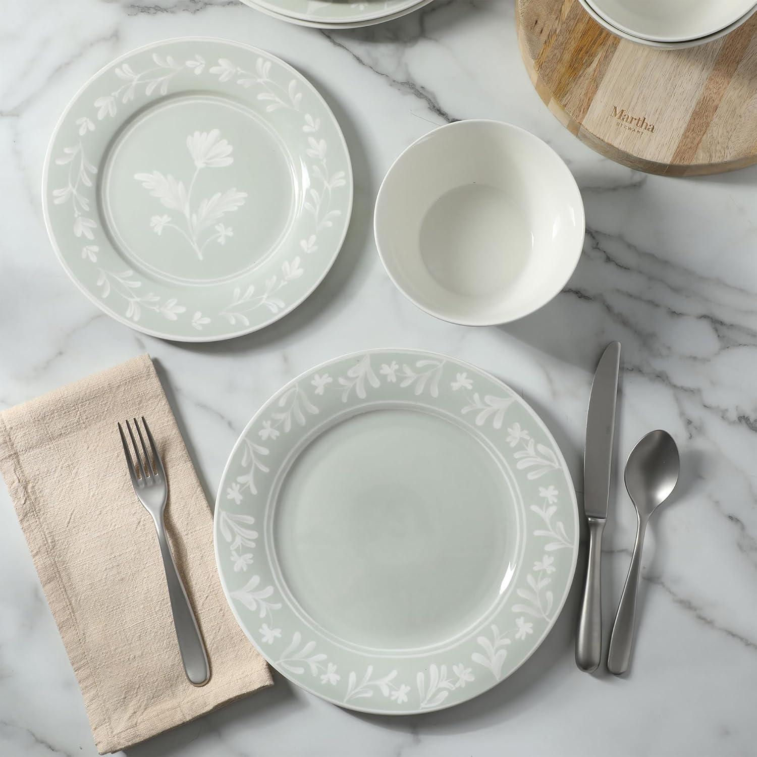 imageMartha Stewart Maiden Crown 12Piece Sky Blue Dinnerware Set New Bone China Ceramic Plates amp Bowls Floral Design Service for 4 Microwave amp Dishwasher SafeSage Green