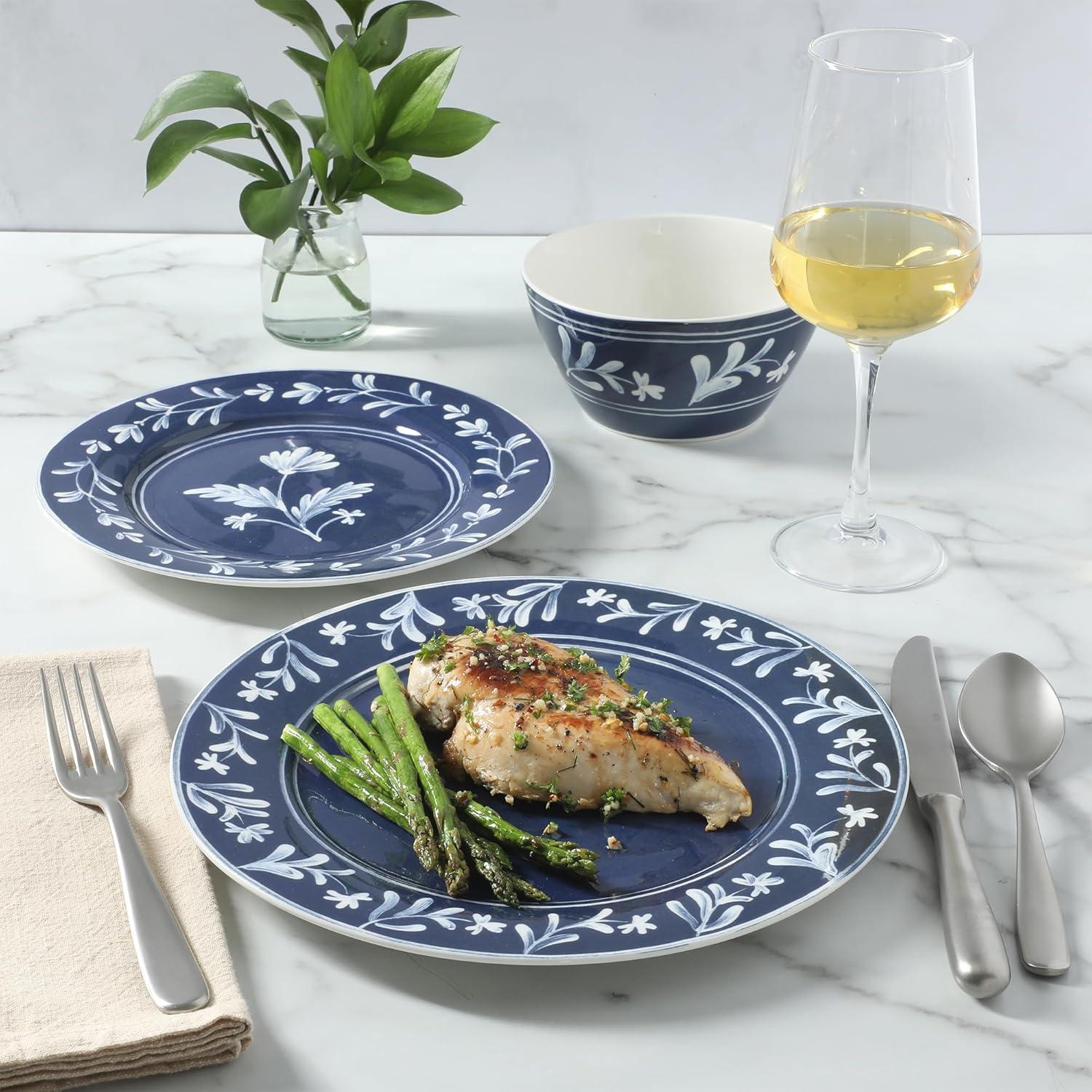 imageMartha Stewart Maiden Crown 12Piece Sky Blue Dinnerware Set New Bone China Ceramic Plates amp Bowls Floral Design Service for 4 Microwave amp Dishwasher SafeSky Blue