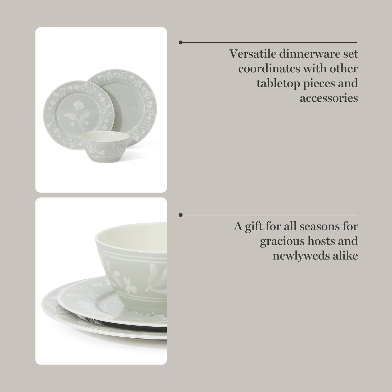 imageMartha Stewart Maiden Crown 12Piece Sky Blue Dinnerware Set New Bone China Ceramic Plates amp Bowls Floral Design Service for 4 Microwave amp Dishwasher SafeSage Green