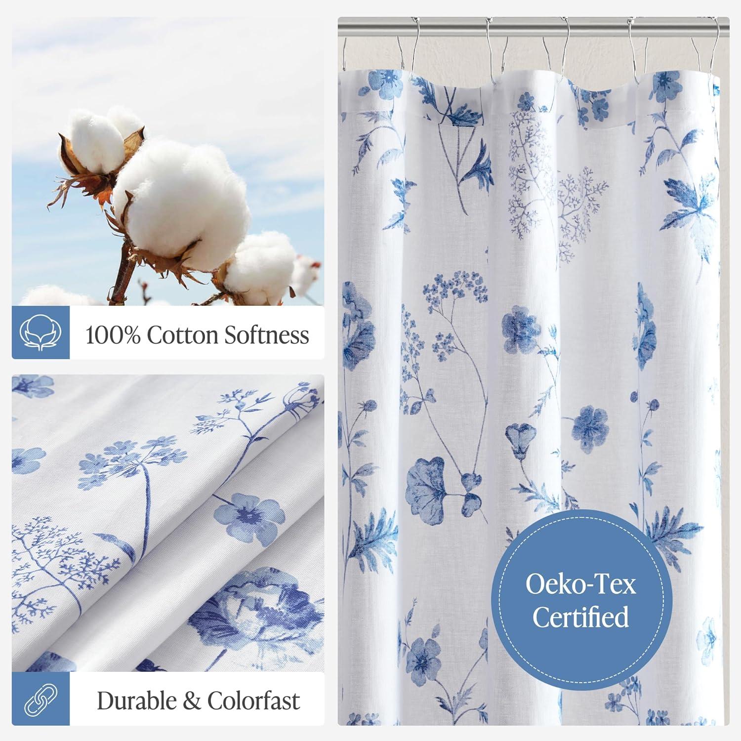 imageMartha Stewart Marthas Garden Shower Curtain Botanical Floral Print Cotton Shower Curtain for Bathroom Spa Quality Modern Shower Curtains Standard Size 72x84 BlueGarden Blue