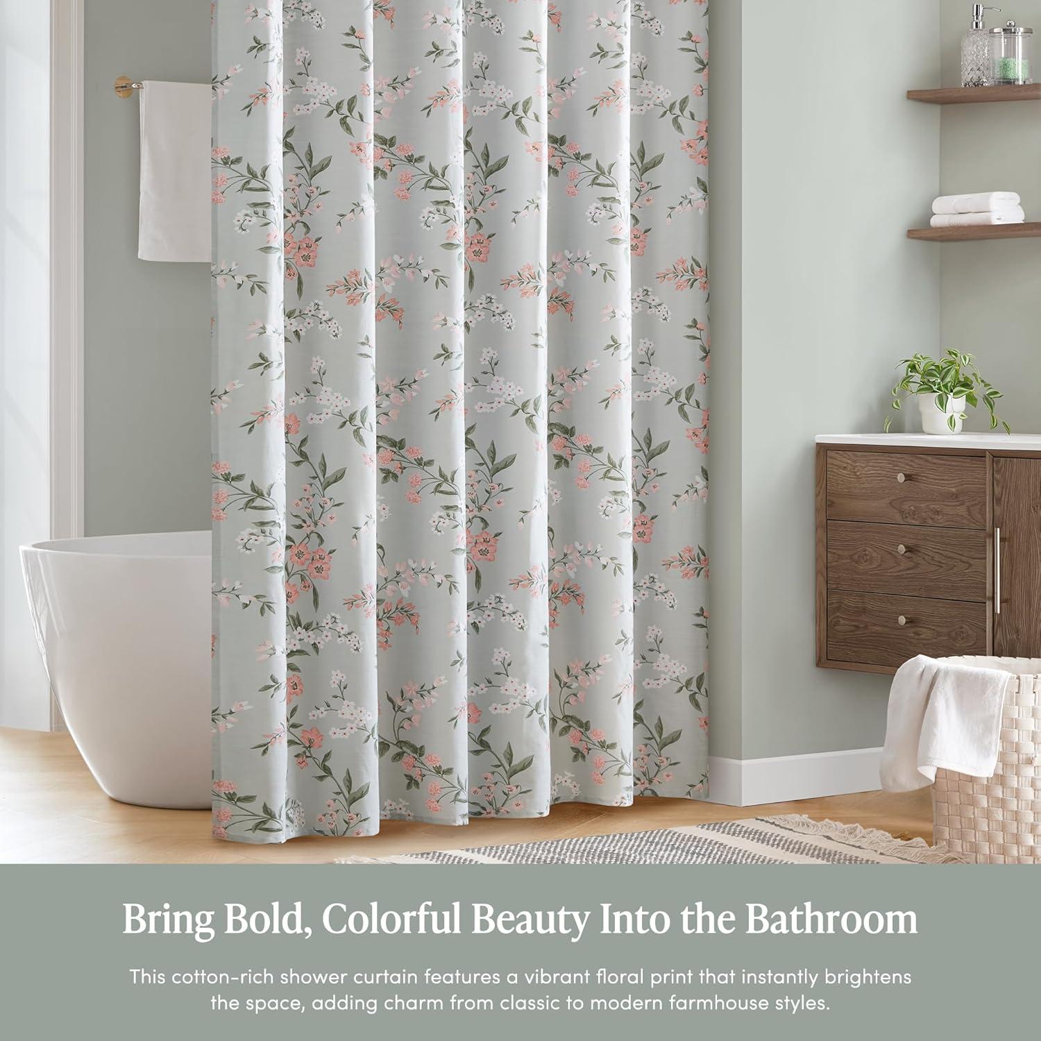 imageMartha Stewart Marthas Garden Shower Curtain Botanical Floral Print Cotton Shower Curtain for Bathroom Spa Quality Modern Shower Curtains Standard Size 72x84 BlueMeadow Green