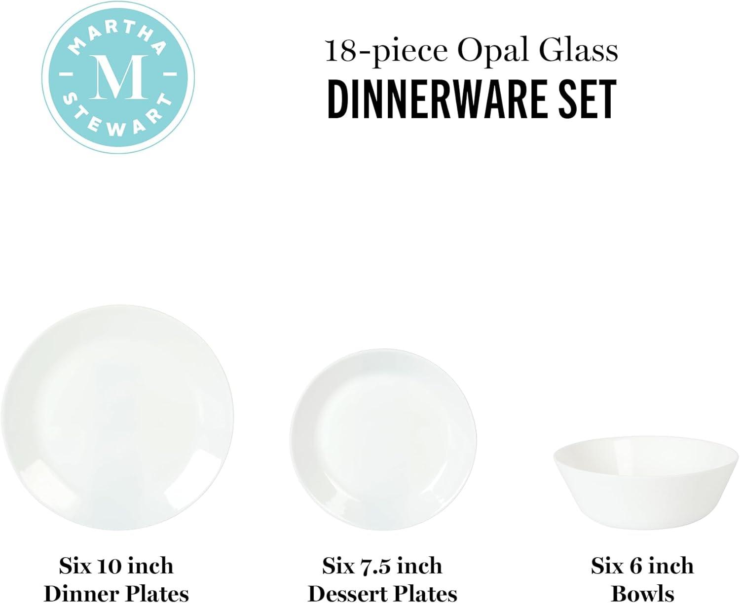 imageMartha Stewart Opalton 18Piece Dinnerware Set Chip and Break Resistant Opal Glass Plates and Bowls Lightweight White Dinner Set for 6 Microwave and Dishwasher Safe