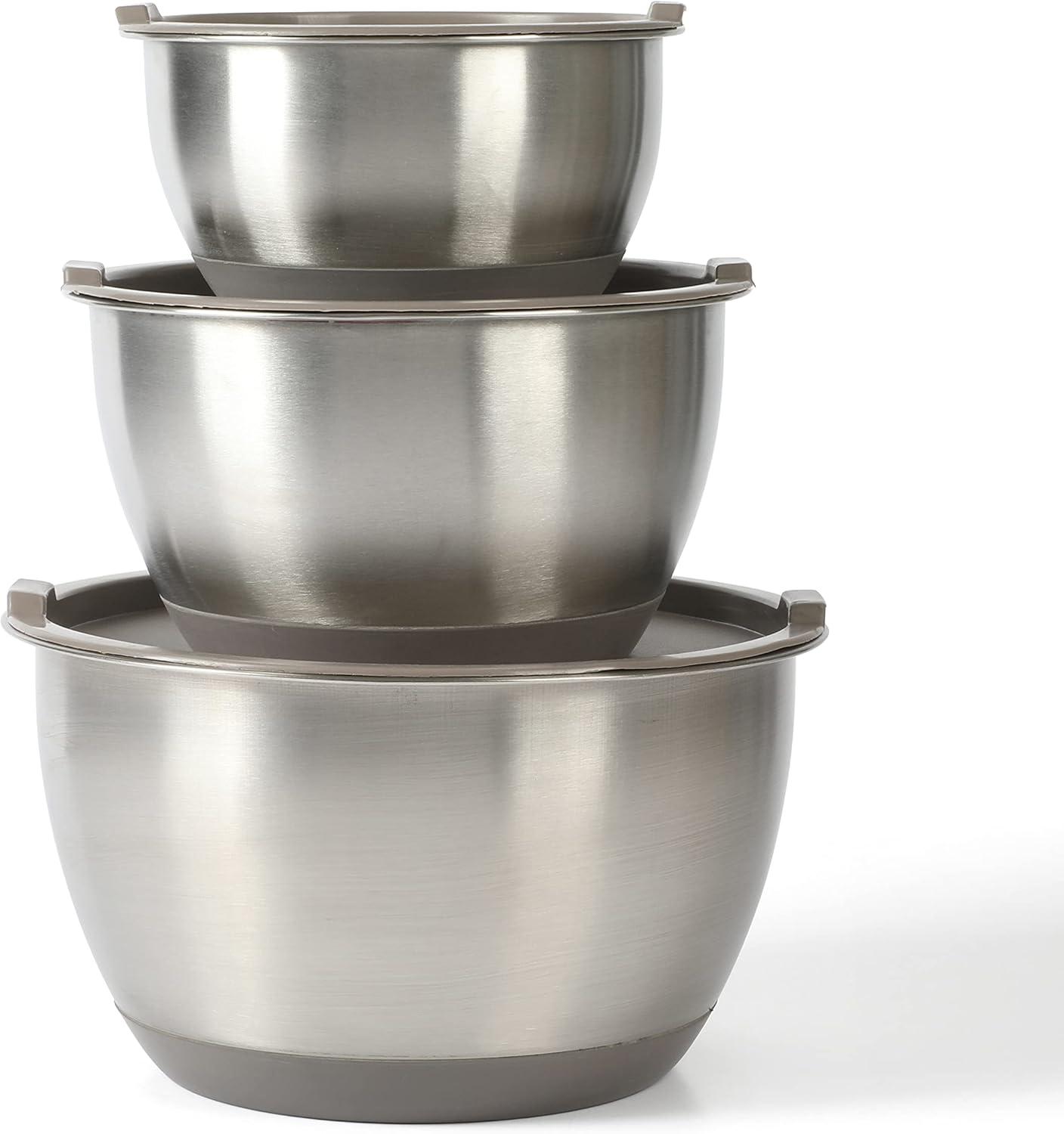 imageMartha Stewart Rhinewell Mirror Polish 6 Piece Stainless Steel Mixing Bowls with Lid and NonSlip Base Grey