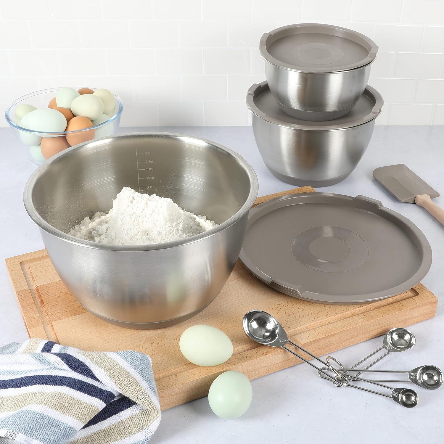 imageMartha Stewart Rhinewell Mirror Polish 6 Piece Stainless Steel Mixing Bowls with Lid and NonSlip Base Grey
