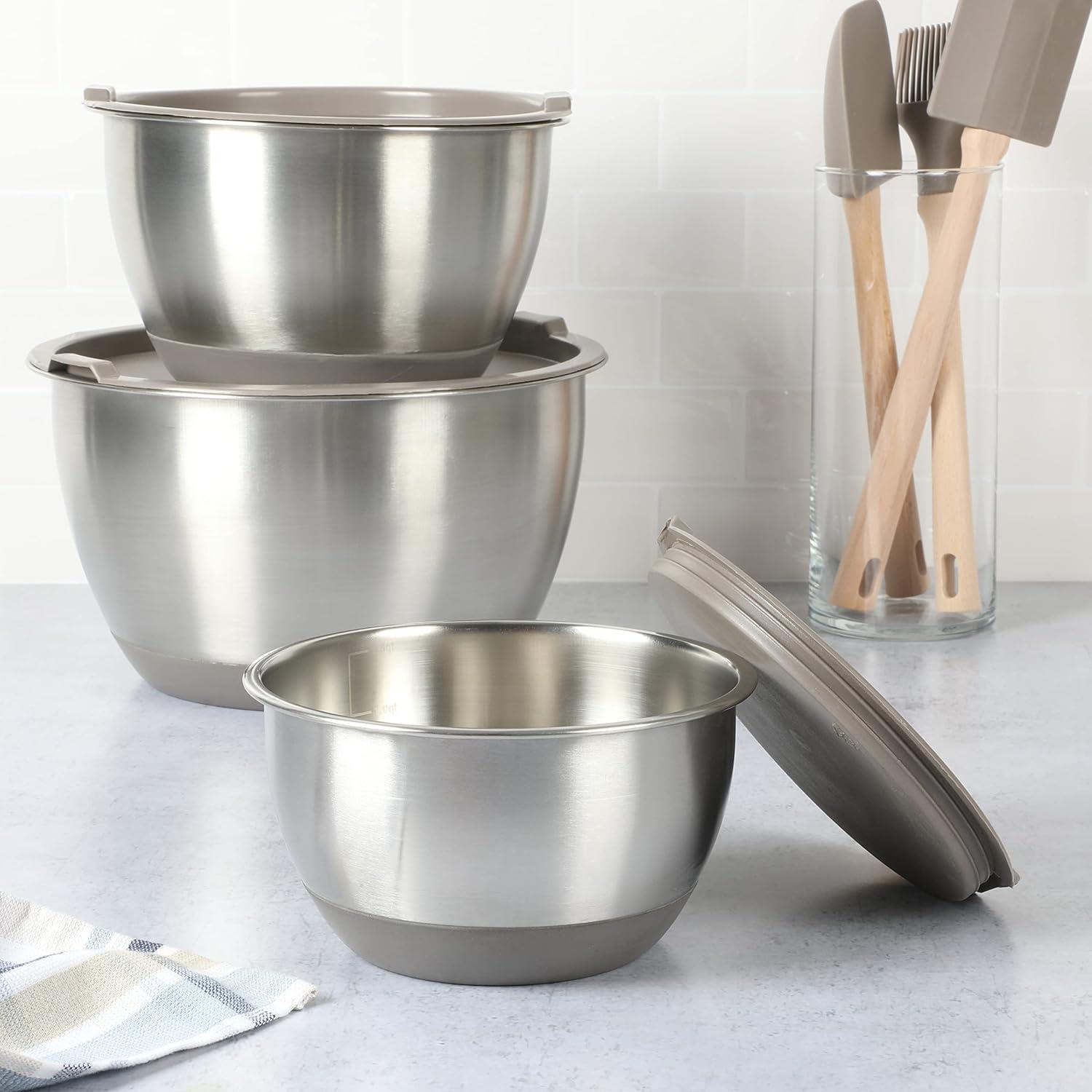 imageMartha Stewart Rhinewell Mirror Polish 6 Piece Stainless Steel Mixing Bowls with Lid and NonSlip Base Grey