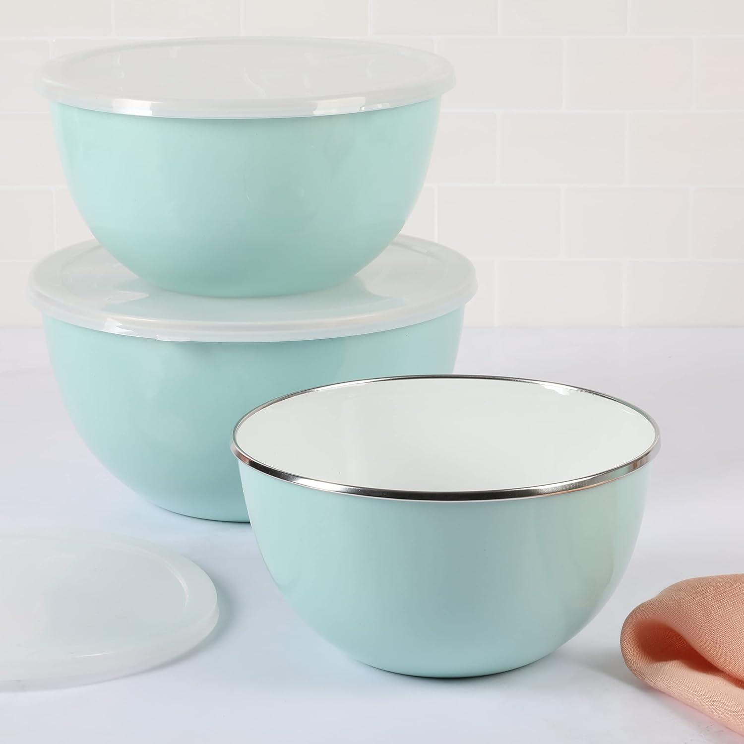imageMartha Stewart Rockledge 6 Piece Enamel on Steel 4Qt 33 Qt amp 24 Qt Mixing Bowl Set WLids Martha Blue