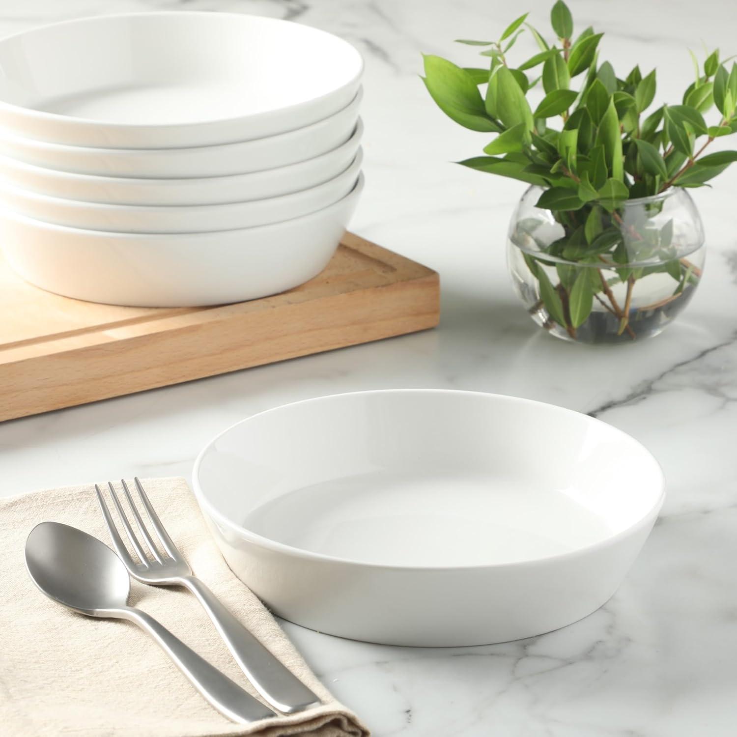 imageMartha Stewart Selma Chip amp Scratch Resistant Dinnerware Set Service for 4 16pcs White Plates and Bowls Durable Dishwasher and Microwave Safe Dishes Set for Everyday UseWhite Pasta Bowls