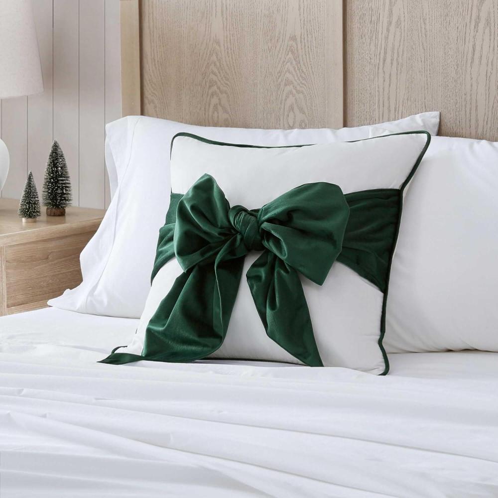 imageMartha Stewart Decorative Pillow Square Throw Pillow with Hidden Zipper Closure Oversized Accent Cushion for Bed or Couch Bedford Bow Green 20 x 20Bedford Bow Green