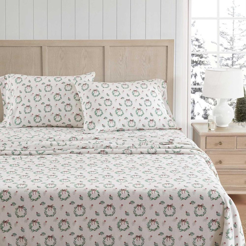 imageMartha Stewart Flannel Sheets Twin Size AntiPilling amp Wrinkle Resistant Cotton Touchably Soft for AllSeason Comfort Bed Sheets with Matching Pillowcase amp Fitted Sheet Ski Village GreenWreaths Mistletoe Green