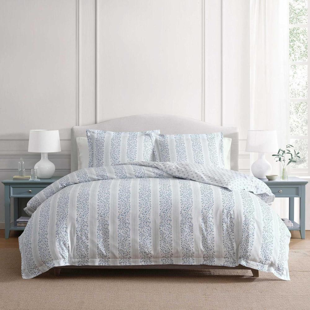 imageMartha Stewart  Queen Comforter Set 100 Silky Smooth Cotton Sateen Floral Bedding for Year Round Comfort 3 Piece Bed Set with Matching Pillowcases Tea Rose PinkVerbena Stripe Blue
