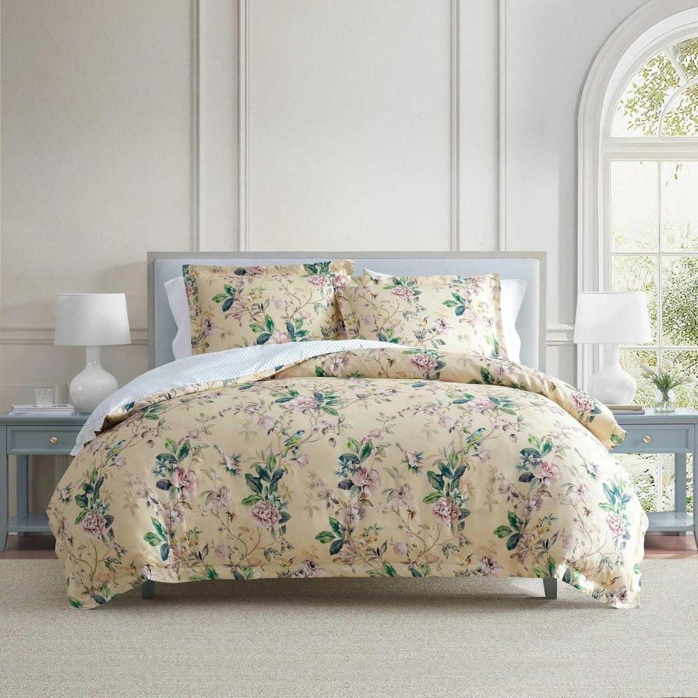 imageMartha Stewart  Queen Comforter Set 100 Silky Smooth Cotton Sateen Floral Bedding for Year Round Comfort 3 Piece Bed Set with Matching Pillowcases Tea Rose PinkSongbird Yellow