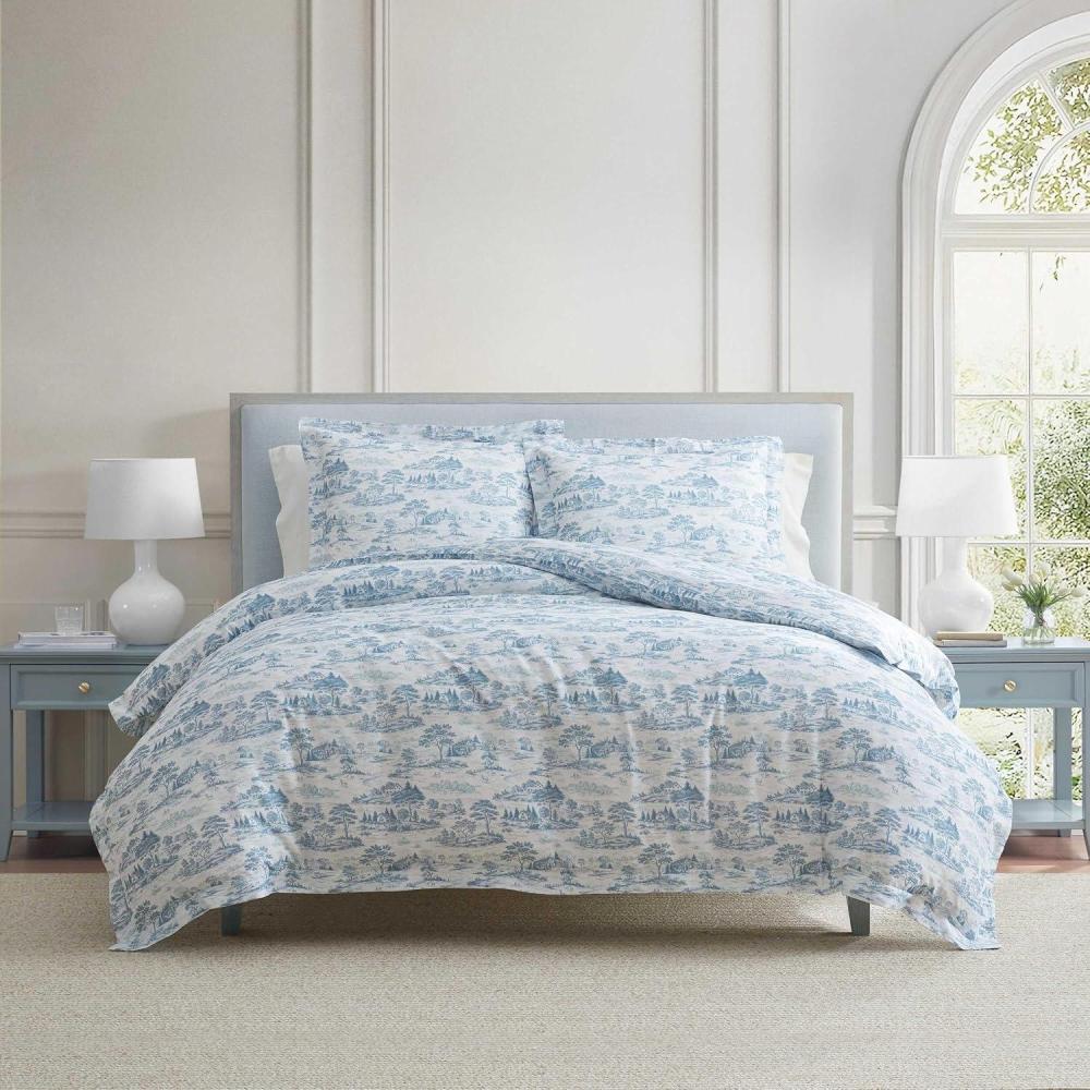 imageMartha Stewart Queen Comforter Set 100 Silky Smooth Cotton Sateen Floral Bedding for Year Round Comfort 3 Piece Bed Set with Matching Pillowcases Tea Rose PinkFarmhouse Toile Blue