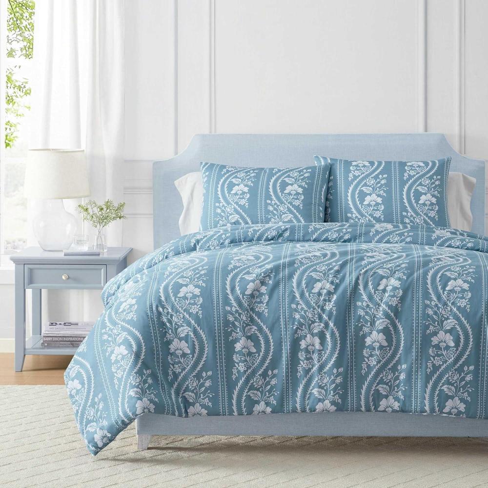 imageMartha Stewart Queen Comforter Set Naturally Soft CottonRich Jacquard Bedding wMatching Pillowcases Textured 3 Piece Bed Set Garden Trellis WhiteSophia Stripe Blue