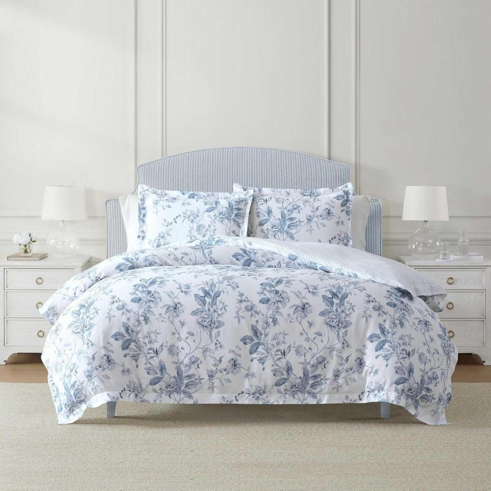 imageMartha Stewart  Queen Duvet Cover Set 100 Smooth amp Silky Sateen Cotton Bedding with a Cotton Percale Reverse 3 Piece Floral Bedding with Matching Pillowcases Songbird YellowSongbird Blue