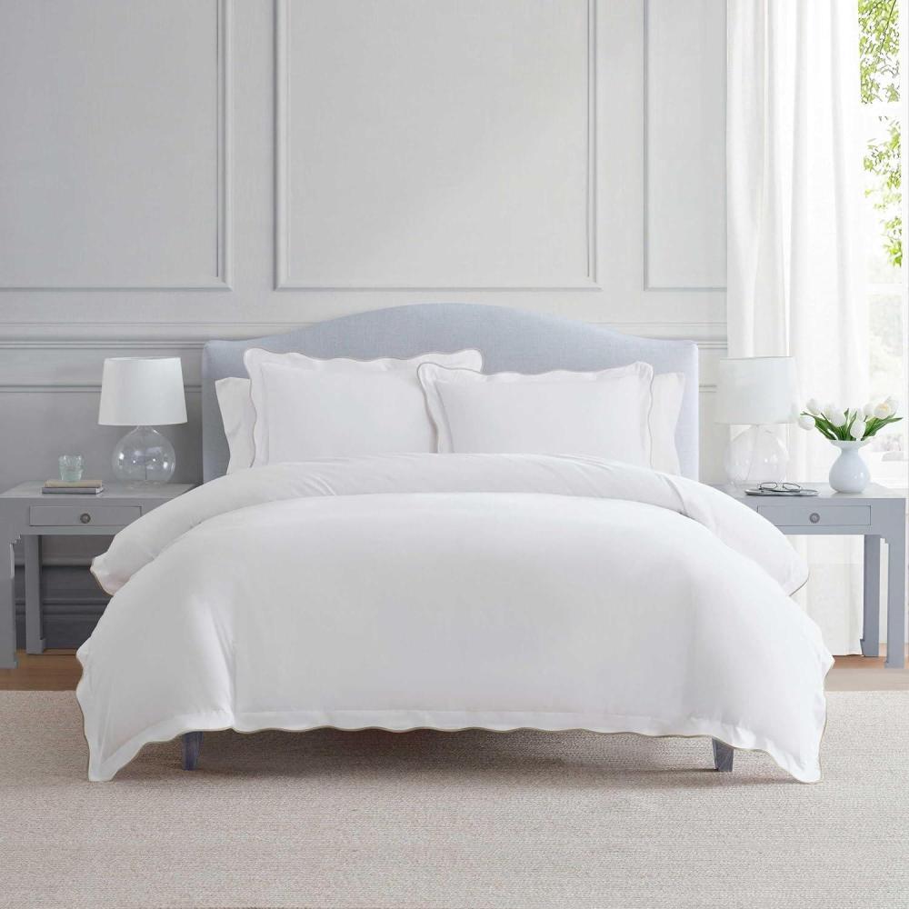 imageMartha Stewart  Queen Duvet Cover Set Crisp amp Smooth Bedding with a Cotton Percale Lightweight Feel Reversible 3 Piece Bed Set with Matching Pillowcases Simple Scallop PinkSimple Scallop Beige