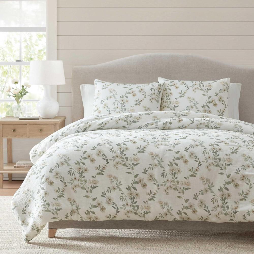 imageMartha Stewart  Queen Duvet Cover Set Crisp amp Smooth Bedding with a Cotton Percale Lightweight Feel Reversible 3 Piece Bed Set with Matching Pillowcases Simple Scallop PinkHazel Floral Beige