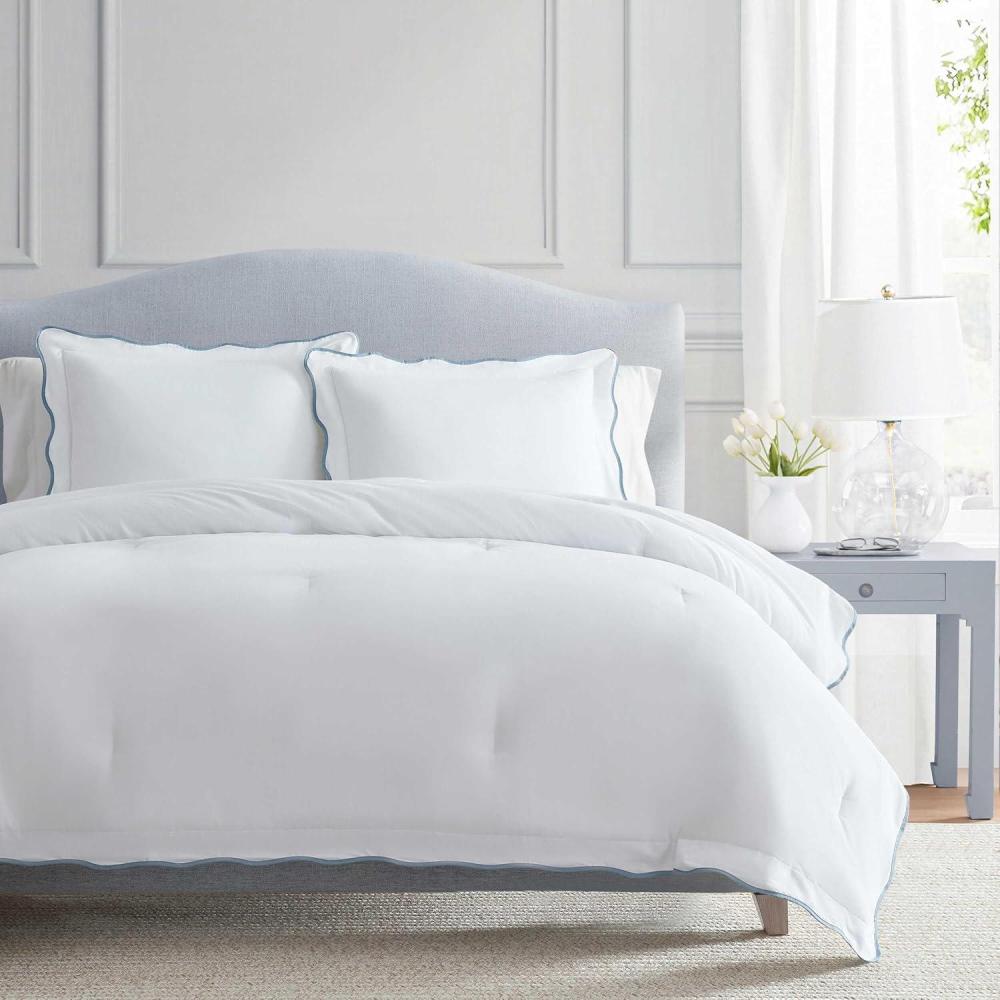 imageMartha Stewart  Queen Duvet Cover Set Crisp amp Smooth Bedding with a Cotton Percale Lightweight Feel Reversible 3 Piece Bed Set with Matching Pillowcases Simple Scallop PinkSimple Scallop Blue