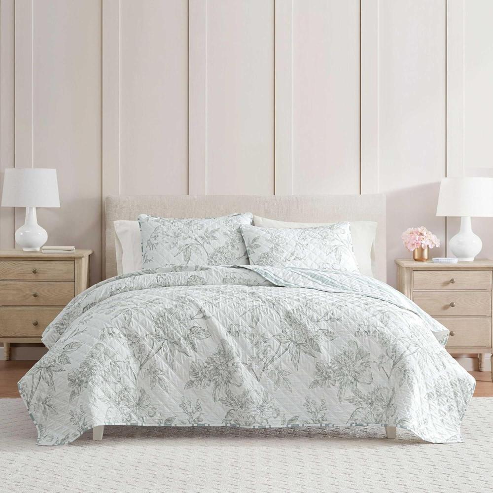imageMartha Stewart  Queen Quilt Set 100 Cotton Reversible Bedding Set Incredibly Soft Feel for Year Round Comfort 3 Piece Bed Set with Matching Pillowcases Flower Block Print BlueVine Flora Green