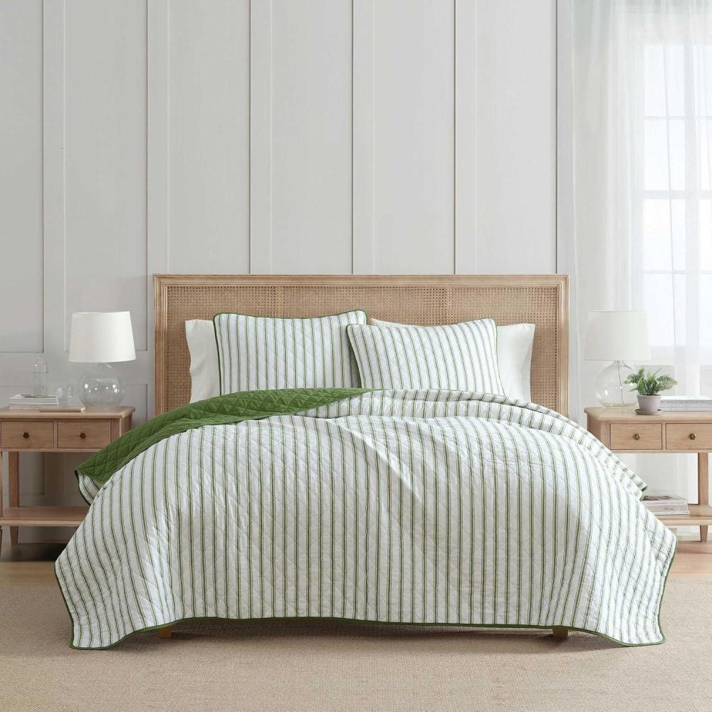 imageMartha Stewart  Queen Quilt Set 100 Cotton Reversible Bedding Set Incredibly Soft Feel for Year Round Comfort 3 Piece Bed Set with Matching Pillowcases Flower Block Print BlueTicking Stripe Green
