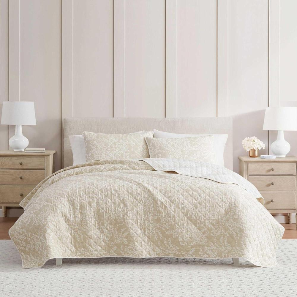 imageMartha Stewart Queen Quilt Set 100 Cotton Reversible Bedding Set Incredibly Soft Feel for Year Round Comfort 3 Piece Bed Set with Matching Pillowcases Flower Block Print BlueLayered Branches Beige