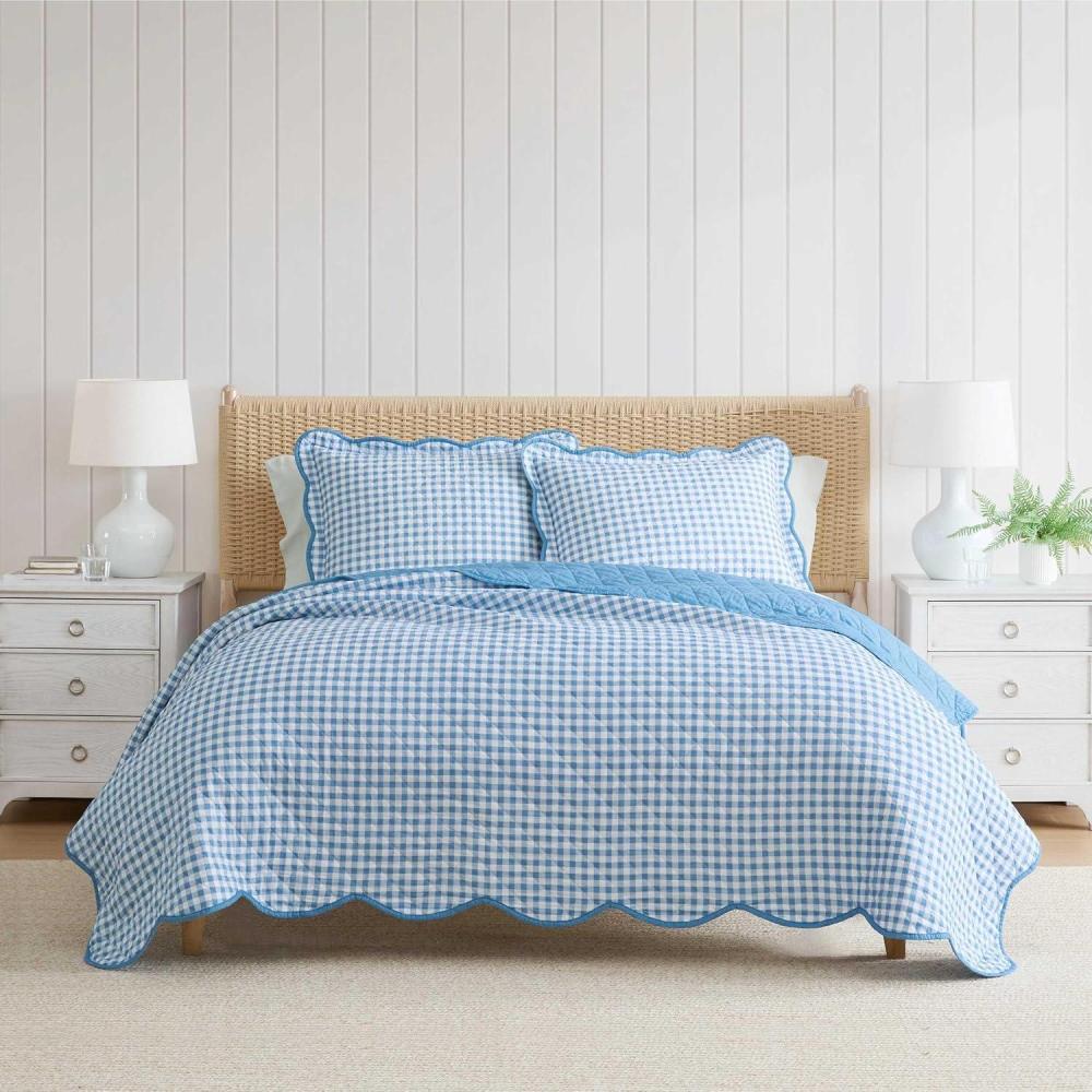 imageMartha Stewart  Queen Quilt Set 100 Cotton Reversible Bedding Set Incredibly Soft Feel for Year Round Comfort 3 Piece Bed Set with Matching Pillowcases Flower Block Print BlueOlivia Gingham Blue