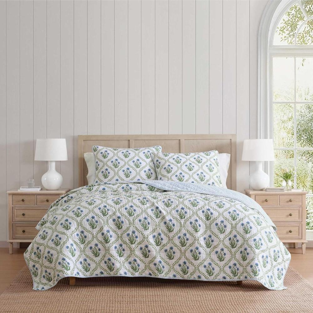 imageMartha Stewart  Queen Quilt Set 100 Soft Cotton Floral Bedding for Year Round Comfort 3 Piece Bed Set with Matching Pillowcases French Bird Floral GreenChloe Green