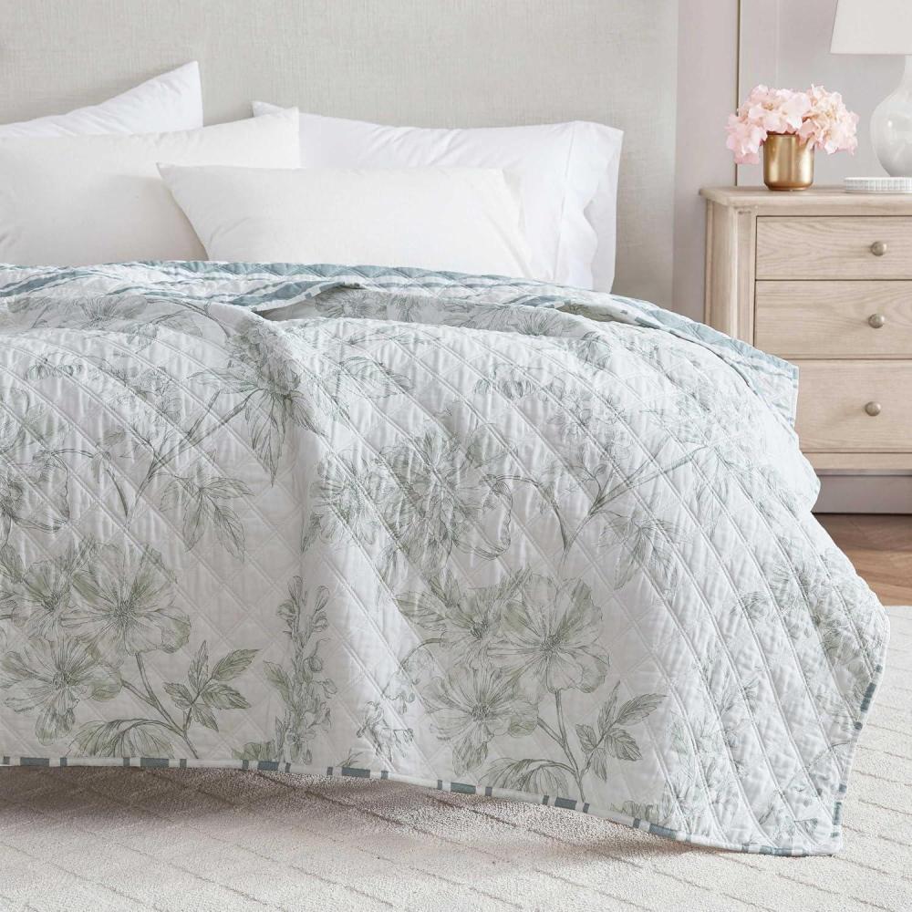 imageMartha Stewart  Queen Size Blanket UltraSoft Plush Fleece Throw Blanket with DoubleNeedle Stitching 350 GSM Medium Weight Bedding for Bed or Couch Bedford Solid BlueVine Flora Green